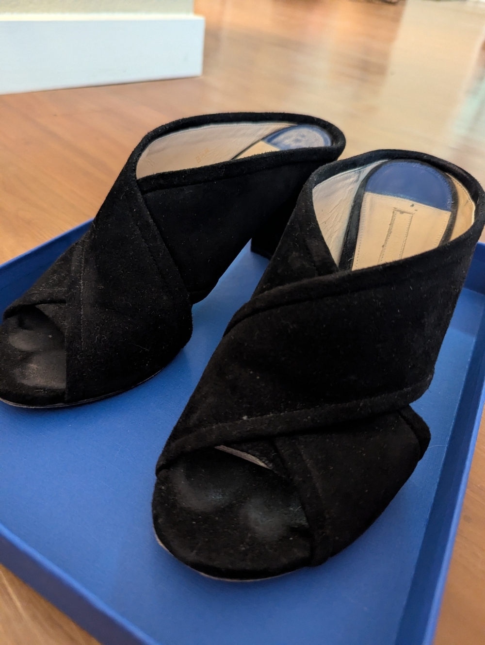 Stuart Weitzman Black Suede Peep-Toe Mule Heels